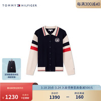 TOMMY HILFIGER24新款春季童装女美式校园拼色按扣翻领针织开衫TH2412082 藏青白拼色654