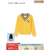 TOMMY HILFIGER24春季童装女绞花V领复古美式网球针织毛衣TH2412084 黄色216 M/150cm