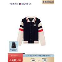 TOMMY HILFIGER24春季童装女美式校园拼色按扣翻领针织开衫TH2412082 藏青白拼色654 L/160cm