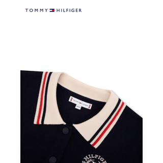 TOMMY HILFIGER24春季童装女美式校园拼色按扣翻领针织开衫TH2412082 藏青白拼色654 L/160cm