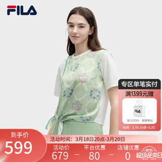 FILA 斐乐女子针织短袖衫2024夏时尚休闲拼接宽松圆领T恤 皓日白-WT 160/80A/S