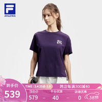 FILA 斐乐女子针织短袖衫2024春简约宽松户外运动文化T恤 桑紫色-PU 175/92A/XL