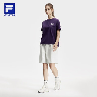 FILA 斐乐女子针织短袖衫2024春简约宽松户外运动文化T恤 桑紫色-PU 180/96A/XXL