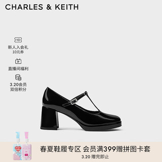 CHARLES&KEITH24春复古漆皮玛丽珍鞋粗跟高跟鞋子女鞋CK1-61720183 Black Box黑色 39