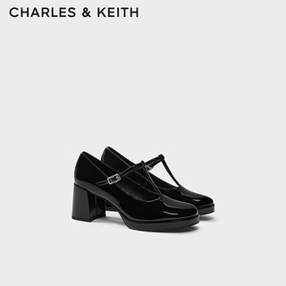 CHARLES&KEITH24春复古漆皮玛丽珍鞋粗跟高跟鞋子女鞋CK1-61720183 Black Box黑色 39