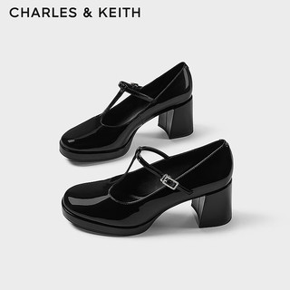 CHARLES&KEITH24春复古漆皮玛丽珍鞋粗跟高跟鞋子女鞋CK1-61720183 Black Box黑色 39