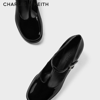 CHARLES&KEITH24春复古漆皮玛丽珍鞋粗跟高跟鞋子女鞋CK1-61720183 Black Box黑色 39