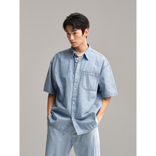 森马（Semir）短袖衬衫男2024夏季时尚宽松翻领上衣潮流复古工装风牛仔 牛仔浅蓝88101 180/96A/XL