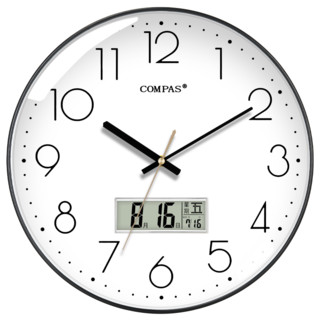 Compas 康巴丝 挂钟电波钟日历自动对时智能时钟石英钟表 黑白色（液晶日历） 6219A电波款14英寸直径35厘米