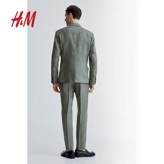 H&M男装2024春季中腰透气修身版型亚麻西裤1219297 浅蓝色 165/72A