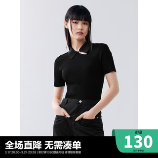 太平鸟黑色新中式针织衫女斜襟翻领短款时尚修身上衣 黑色 S