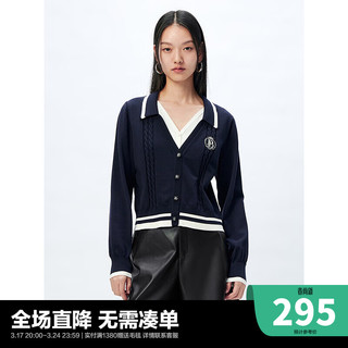 太平鸟学院风假两件针织线开衫女2024春装时尚品质Polo领上衣 藏青 M