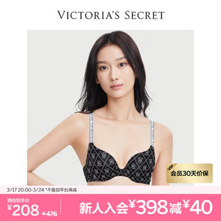 维多利亚的秘密（Victoria's Secret）  经典logo字母聚拢文胸女有钢圈胸罩内裤套装 5R48黑色印花-聚拢1458 32D+XS