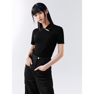 太平鸟黑色新中式针织衫女斜襟翻领短款时尚修身上衣 黑色 L