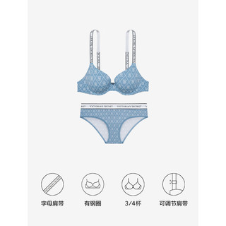 维多利亚的秘密（Victoria's Secret）  经典logo字母聚拢文胸女有钢圈胸罩内裤套装 5HBI蓝色印花-聚拢1458 32B+XS