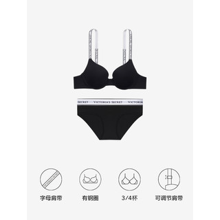 维多利亚的秘密（Victoria's Secret）  经典logo字母聚拢文胸女有钢圈胸罩内裤套装 54A2黑色-聚拢1458 32D+XS