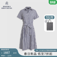 布克兄弟（BrooksBrothers）女士24早春棉质翻领格纹收腰短袖连衣裙 B465-藏青色 10