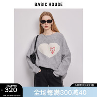 BASIC HOUSE/百家好灰色针织衫爱心图案宽松套头毛衣 灰色 M