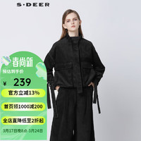 sdeer圣迪奥女装立领系带不规则灯芯绒短款外套S21362226 黑色/91 S/160