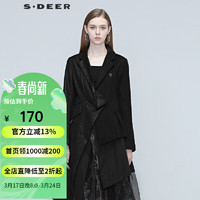 sdeer圣迪奥秋季女装休闲时尚直筒型通勤单排扣个性百搭不规则拼接外套女S20382201 黑色/91 L/170