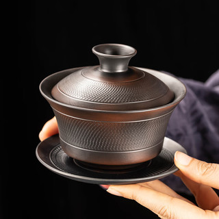 瓷牌茗茶具紫陶三才盖碗家用中式高档陶瓷泡茶碗单个大号功夫茶碗 紫陶《跳叨》逍遥盖碗
