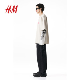 H&M【H2合作系列】男装T恤2024春季帅气印花双层长袖1225981 浅米色 165/84A XS