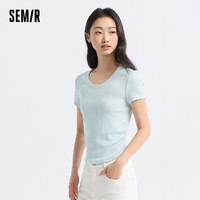 Semir 森马 短袖T恤女短款小心机纯色紧身2024新款夏季大圆领正肩套头衫