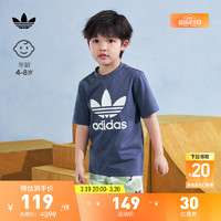 adidas 阿迪达斯 居家运动短袖套装男小童儿童阿迪达斯官方三叶草 暗灰藏青/酸绿/白 128CM