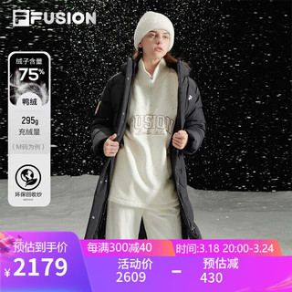 FILA FUSION斐乐潮牌长款羽绒服女冬季时尚宽松连帽外套 正黑色 175/92A/XL