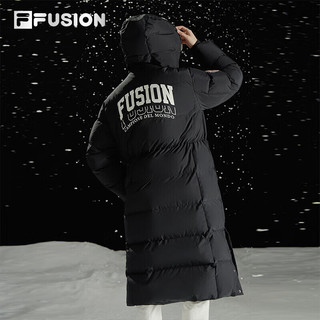 FILA FUSION斐乐潮牌长款羽绒服女冬季时尚宽松连帽外套 正黑色 175/92A/XL