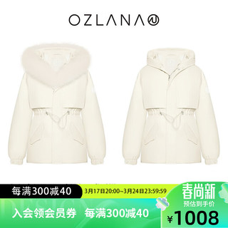 ozlana彩虹狐狸毛羽绒派克服冬季鸭绒时尚保暖外套女 奶油白 L