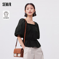 Semir 森马 短袖衬衫女短款泡泡袖时尚温柔夏季浪漫法式方领上衣甜美