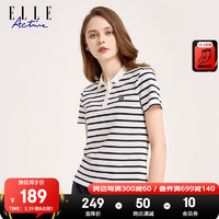 ELLE Active 复古条纹系列Polo衫女装夏季舒适微弹条纹撞色运动休闲短袖T恤女 白/藏青色 S