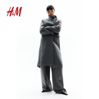 H&M HM女装毛呢外套2023冬季新款保暖时尚复古单排扣中长大衣1182523