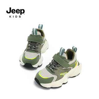 Jeep吉普童鞋春季透气网鞋女童鞋子2024跑步鞋软底轻便儿童运动鞋 米/军绿 30码  鞋内长约19.5cm