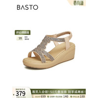 百思图（BASTO）2024夏季时尚复古罗马凉鞋坡跟厚底增高女凉鞋A8365BL4 杏/金 37