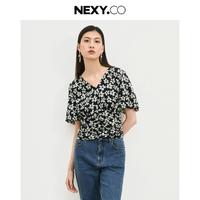 NEXY.CO 奈蔻 夏季新款休闲复古碎花V领亲肤雪纺衫女士上衣