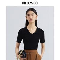 NEXY.CO 奈蔻 秋季新款通勤高级感链条设计V领百搭纯色针织衫短袖上衣