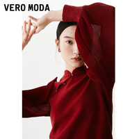 VERO MODA 新中式针织衫女红色2024春夏新款镂空拼接国风灯笼袖