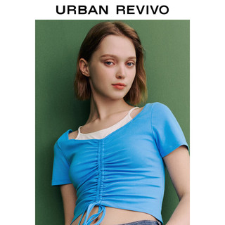 UR2024春季女装休闲撞色假两件抽褶设计感短袖T恤UWL440059 湖蓝 XL