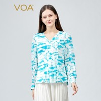 VOA真丝印花提花深海蓝撞料拼接不对称设计淑女桑蚕丝T恤 BE939 