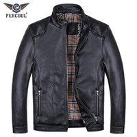 PERCOOL商务休闲真皮皮衣青年男式头层牛皮立领外套秋冬皮上衣皮茄克 黑色 2XL号