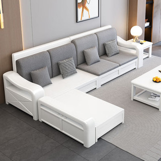 卡洛森沙发 轻奢实木沙发冬夏两用现代简约家用客厅带转角白色储物沙发 五人位