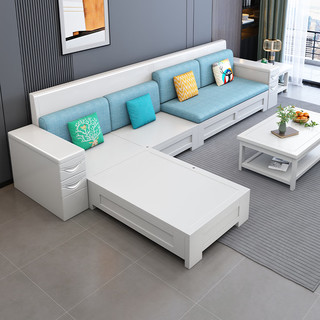 卡洛森现代中式白色实木沙发组合棉麻科技布艺L型高靠储物转角客厅家具 1+1+3沙发组合+长茶几