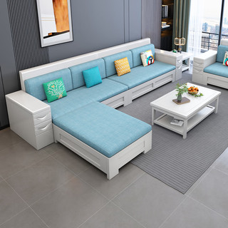 卡洛森现代中式白色实木沙发组合棉麻科技布艺L型高靠储物转角客厅家具 1+1+3沙发组合+长茶几