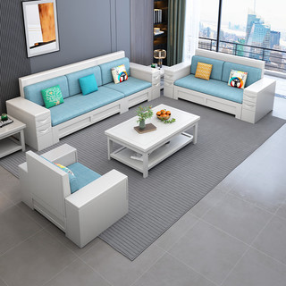 卡洛森现代中式白色实木沙发组合棉麻科技布艺L型高靠储物转角客厅家具 1+2+3沙发组合+长茶几