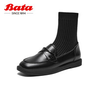 Bata 拔佳 瘦瘦靴女2023秋商场新款英伦学院风牛皮厚底乐福袜靴ALG46CZ3