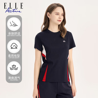 ELLE ACTIVE侧腰撞色显瘦圆领T恤女装2024春夏新款时尚运动休闲纯棉舒适上衣