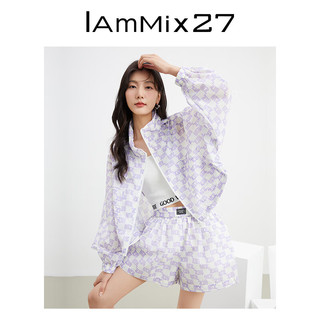 Iammix27春夏连帽衫女宽松运动休闲时尚百搭印花薄外套女短款 紫色 M