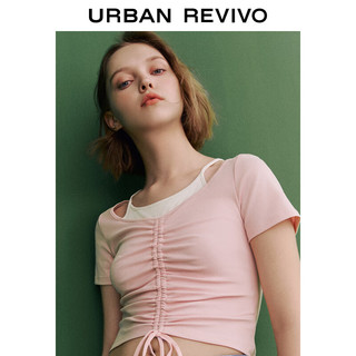 UR2024春季女装休闲撞色假两件抽褶设计感短袖T恤UWL440059 浅粉色 L